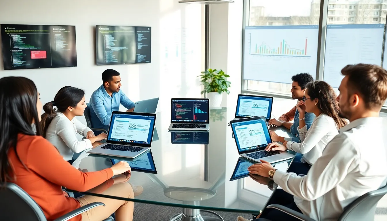 diverse team discussing software development in a modern office.