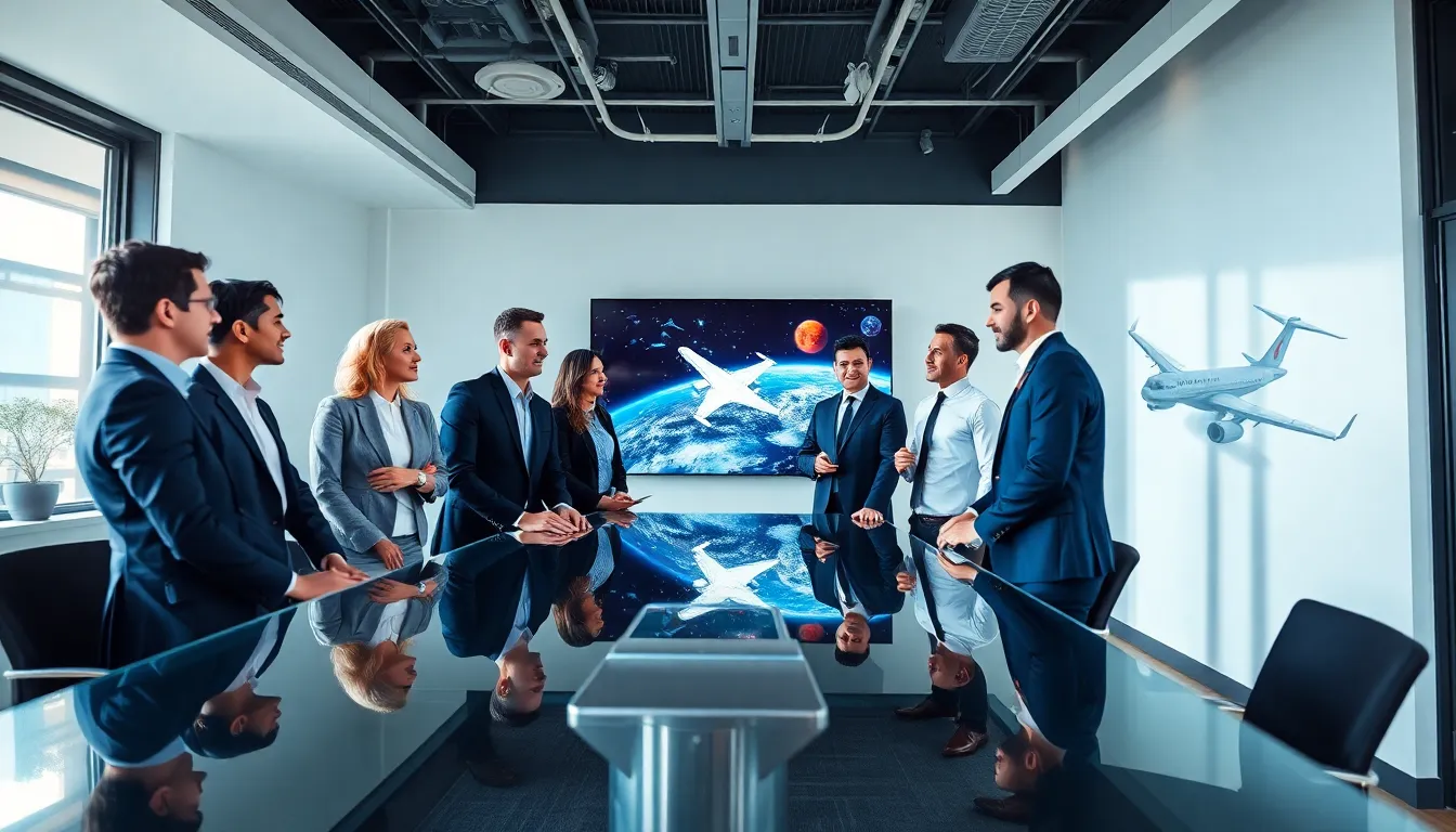 diverse team discussing aviation and space technology in a modern office.