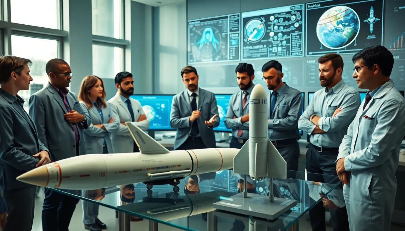 diverse scientists collaborating in a high-tech lab on space technology.