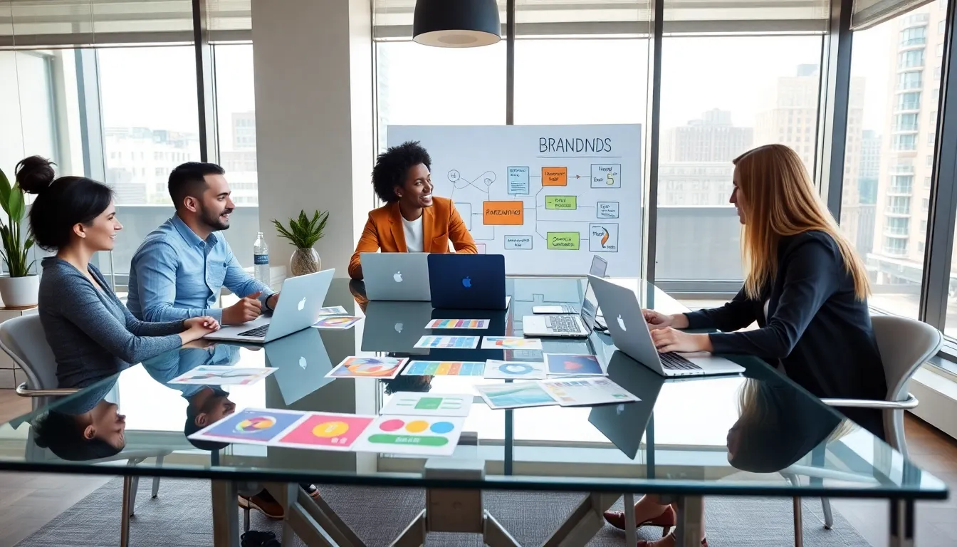 diverse team brainstorming branding strategies in a modern office.