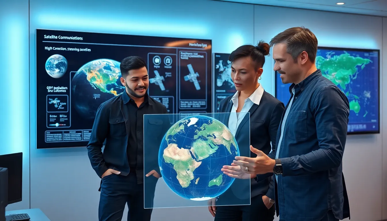 team analyzing satellite communication and navigation data in a modern control room.