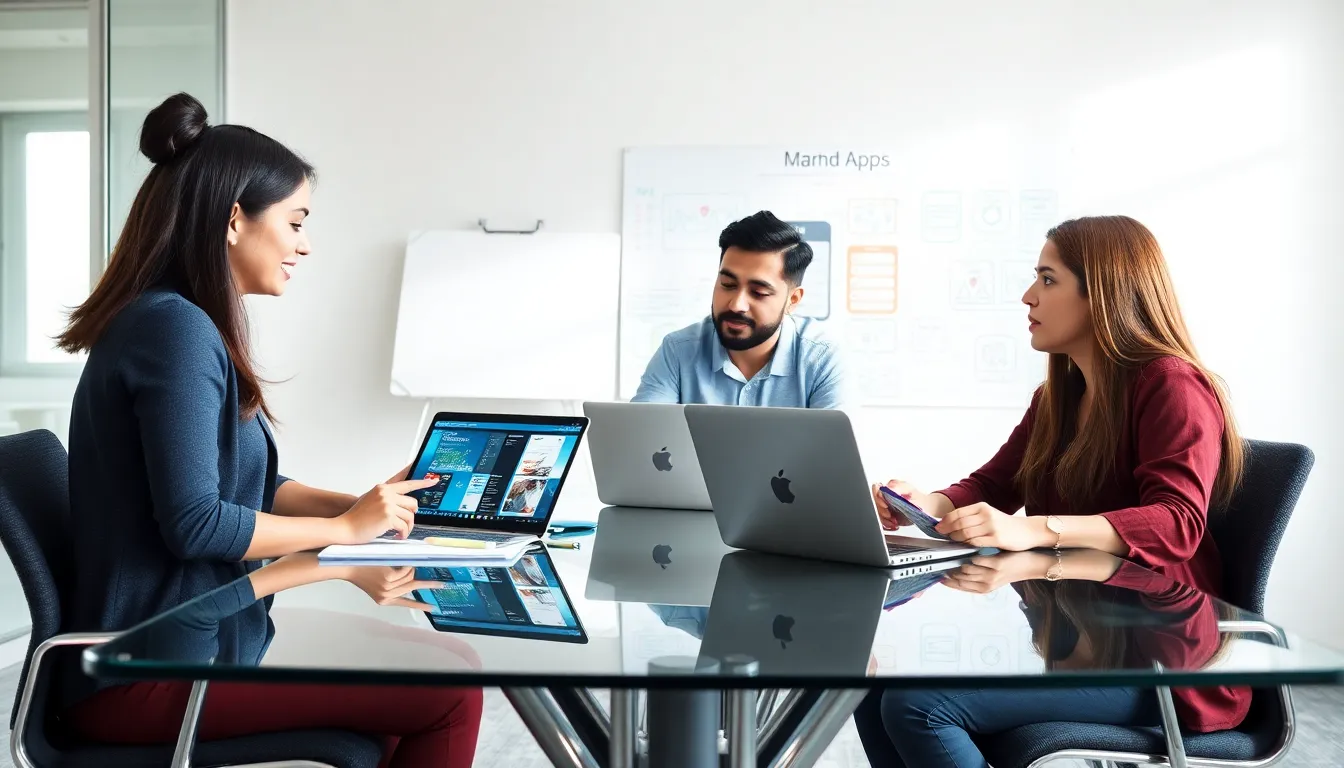 diverse team discussing app development in a modern office.