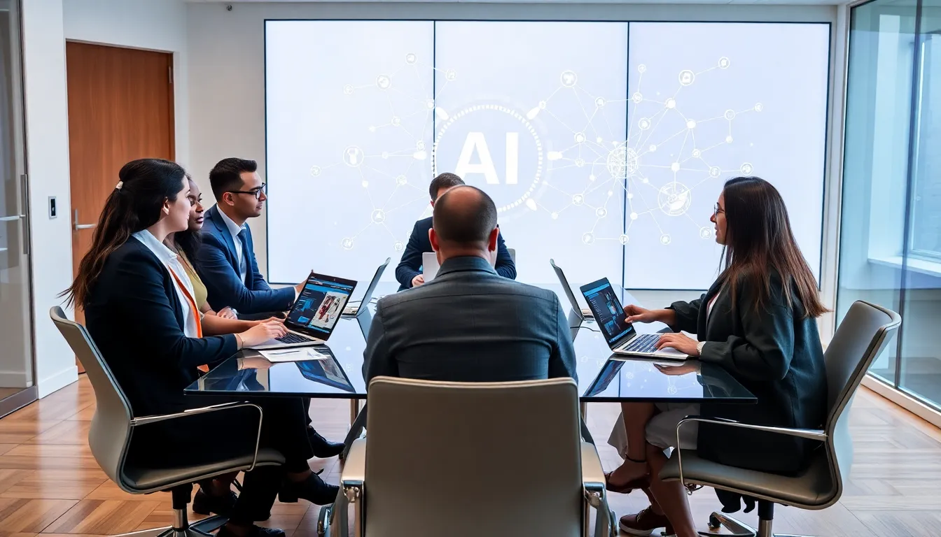 diverse team discussing AI agents in a modern office.